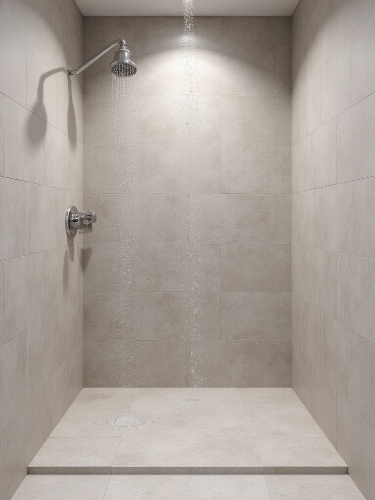 Modern bathroom shower with durable, water-resistant large-format porcelain tiles, highlighting longevity and quality.