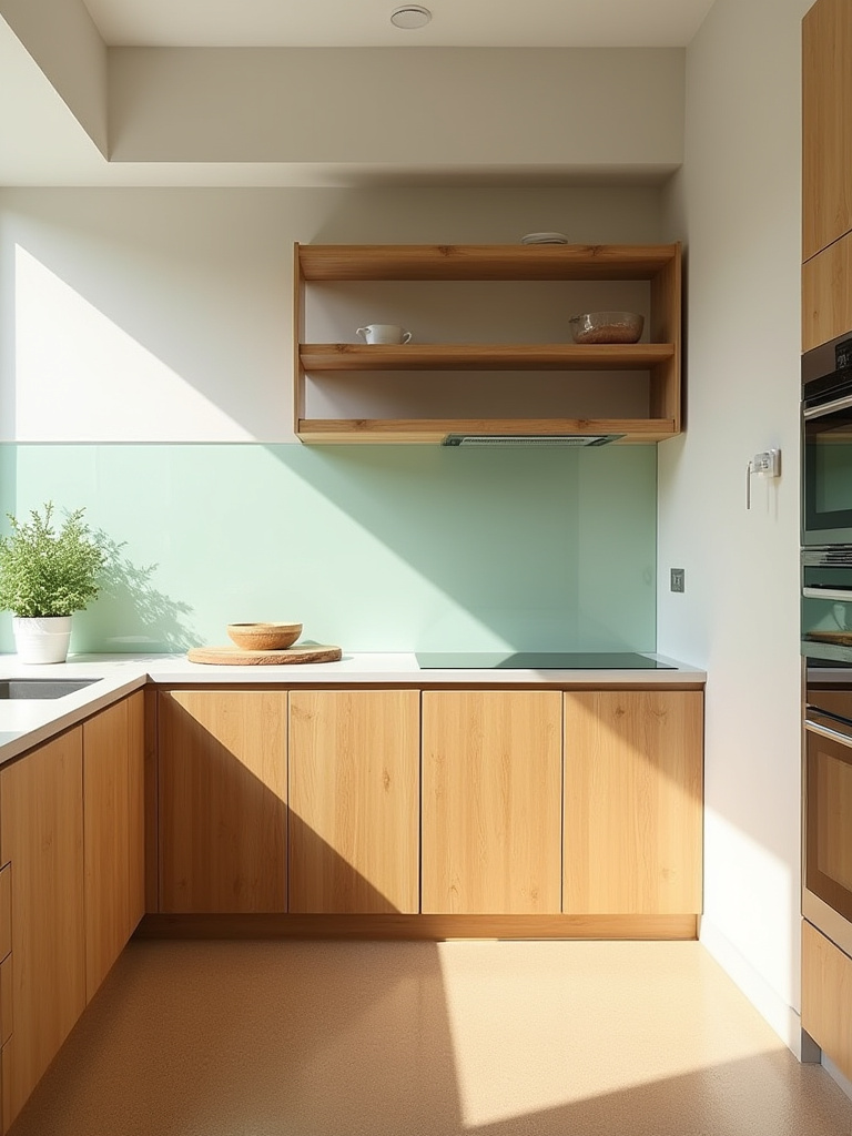 Modern kitchen with eco-friendly recycled glass countertops, bamboo cabinets, reclaimed wood shelves, and cork flooring under soft natural light, showcasing sustainable material choices.