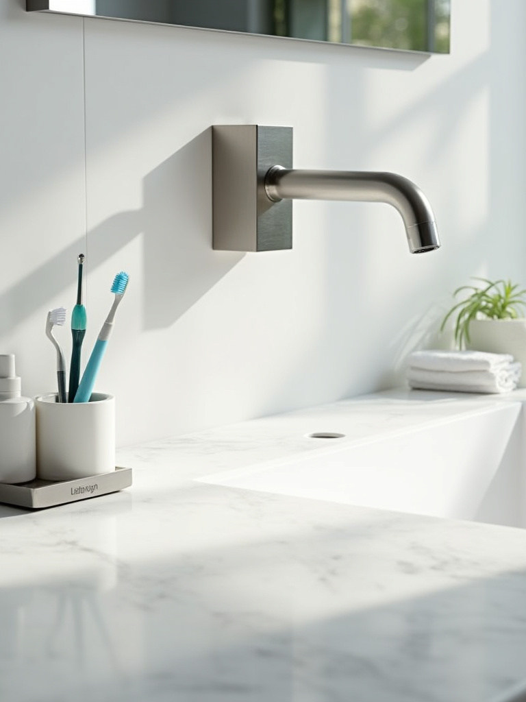 A professional portrait of a modern bathroom vanity featuring essential, functional accessories like a sleek wall-mounted soap dispenser and a tidy toothbrush holder on a white quartz counter. The image emphasizes practical organization and minimalist design.