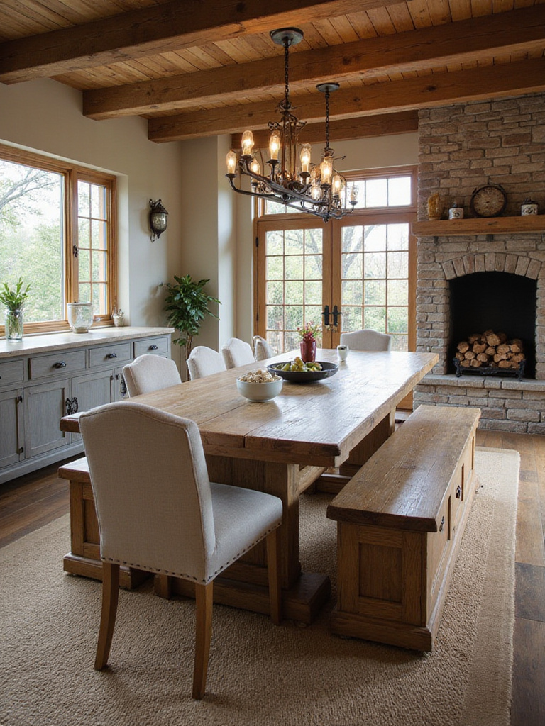 Portrait view of a rustic dining room with functional, durable furnishings