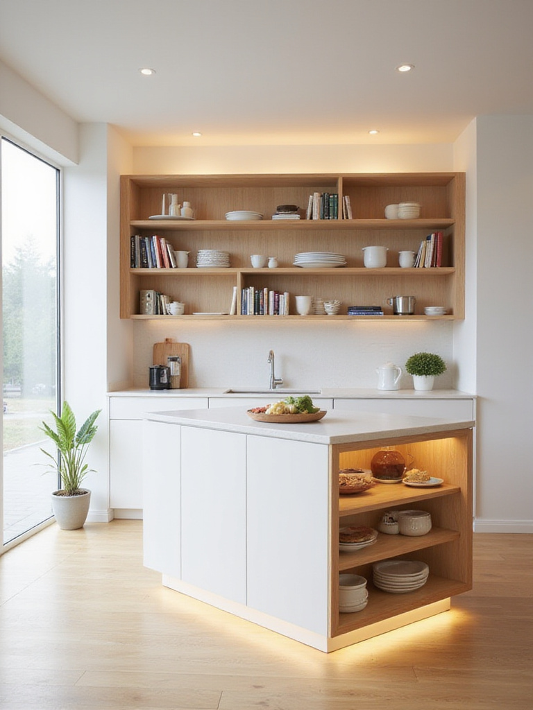 Portrait view of kitchen island with open shelving for airiness