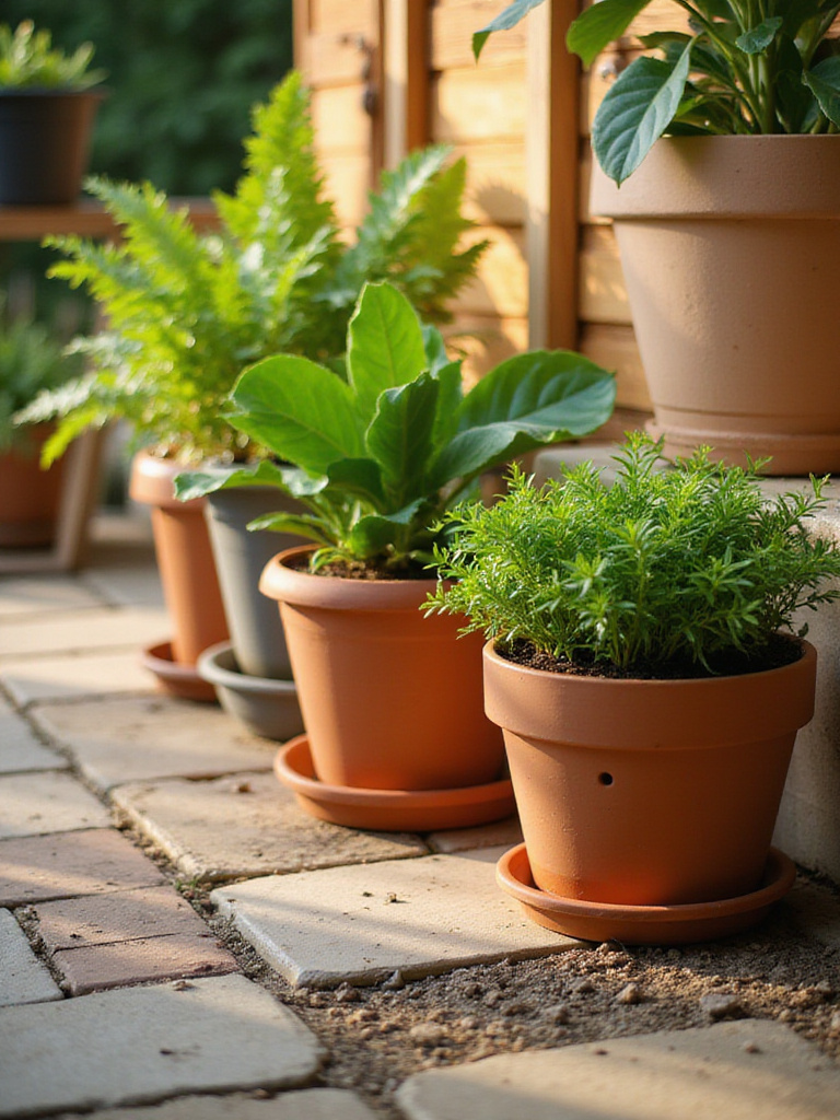 Portrait of patio planters with drainage holes and thriving foliage