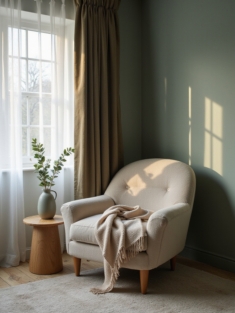Peaceful bedroom corner with an armchair and soft lighting, designed for quiet rest