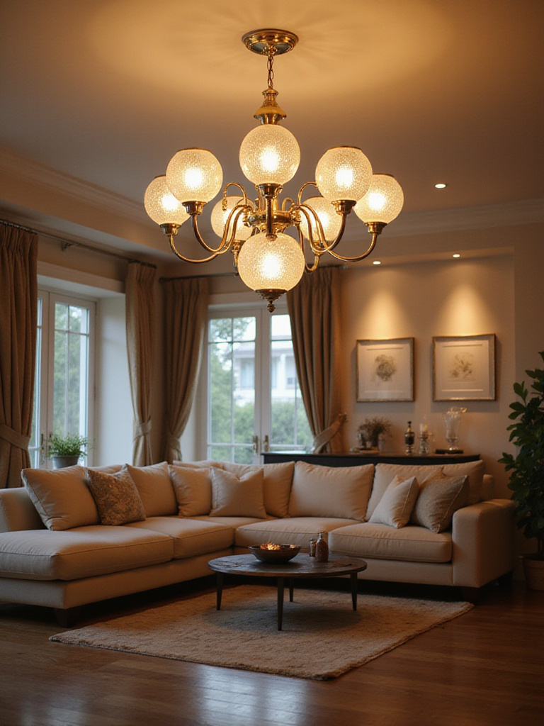 A luxurious living room featuring a securely installed, high-quality chandelier, emphasizing electrical safety and superior craftsmanship.