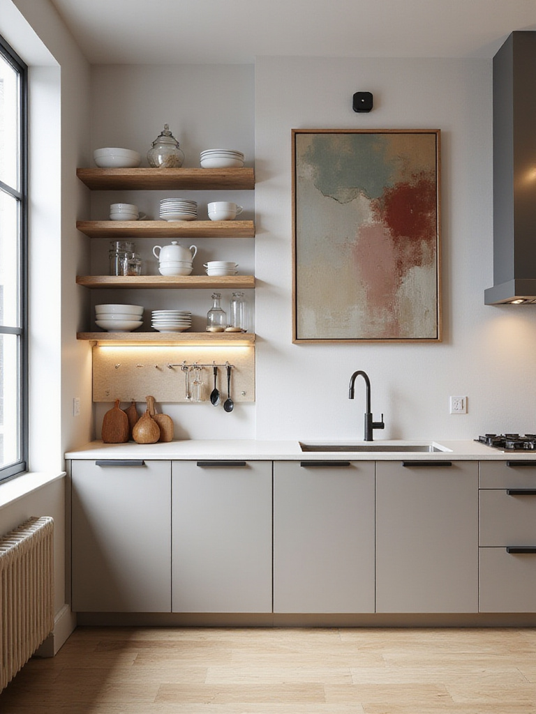 Vertical kitchen wall with storage shelves and art for balance of function and style