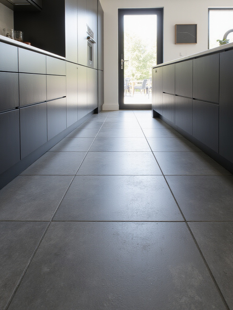 Portrait view of a durable, matte-finish porcelain kitchen tile floor in charcoal grey, ideal for high-traffic areas, showing strong grout lines and a robust appearance.
