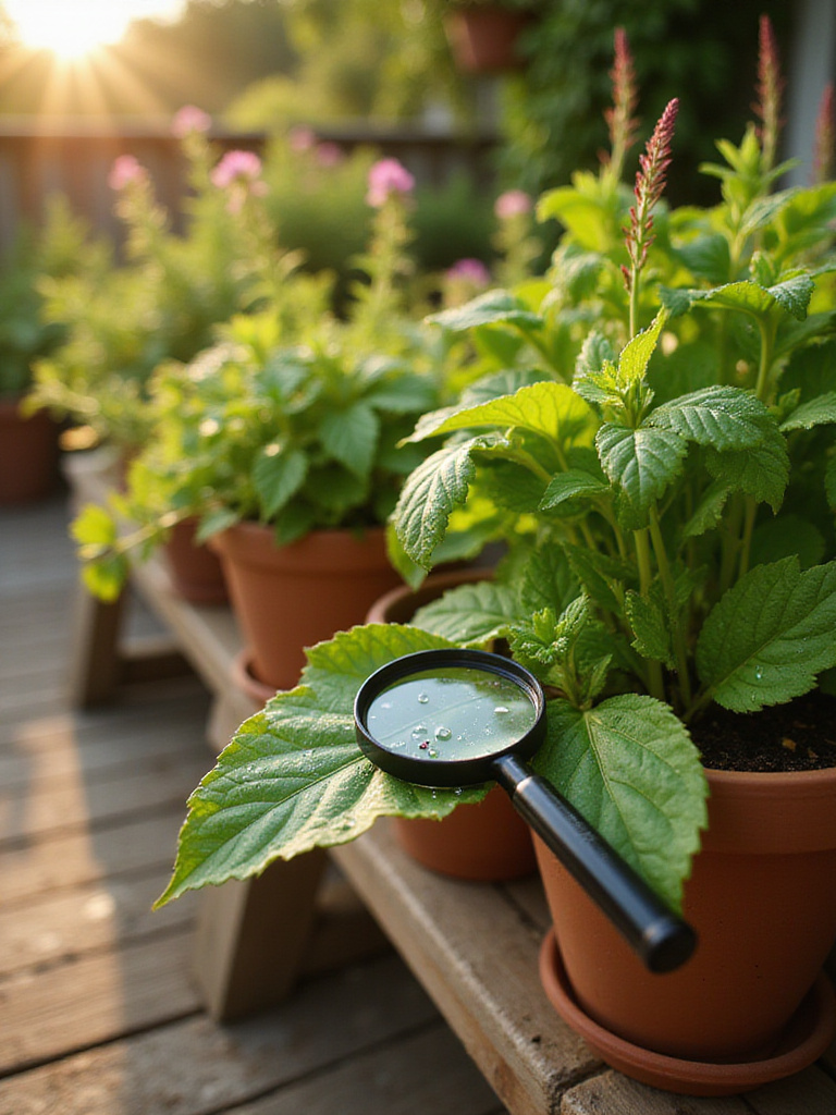 Portrait of sunlit patio plant display with magnifier inspecting leaves