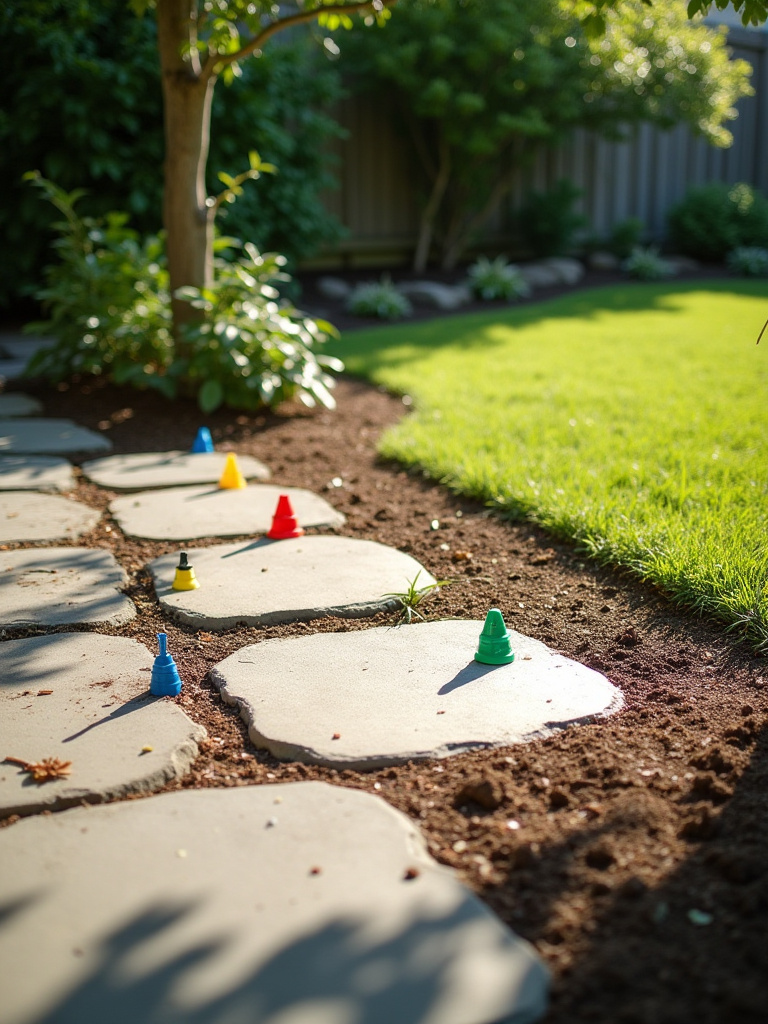 A serene backyard scene demonstrating site assessment with clear sun/shade patterns, subtle signs of drainage consideration, and discreet utility marking flags on the ground where a patio would be built.
