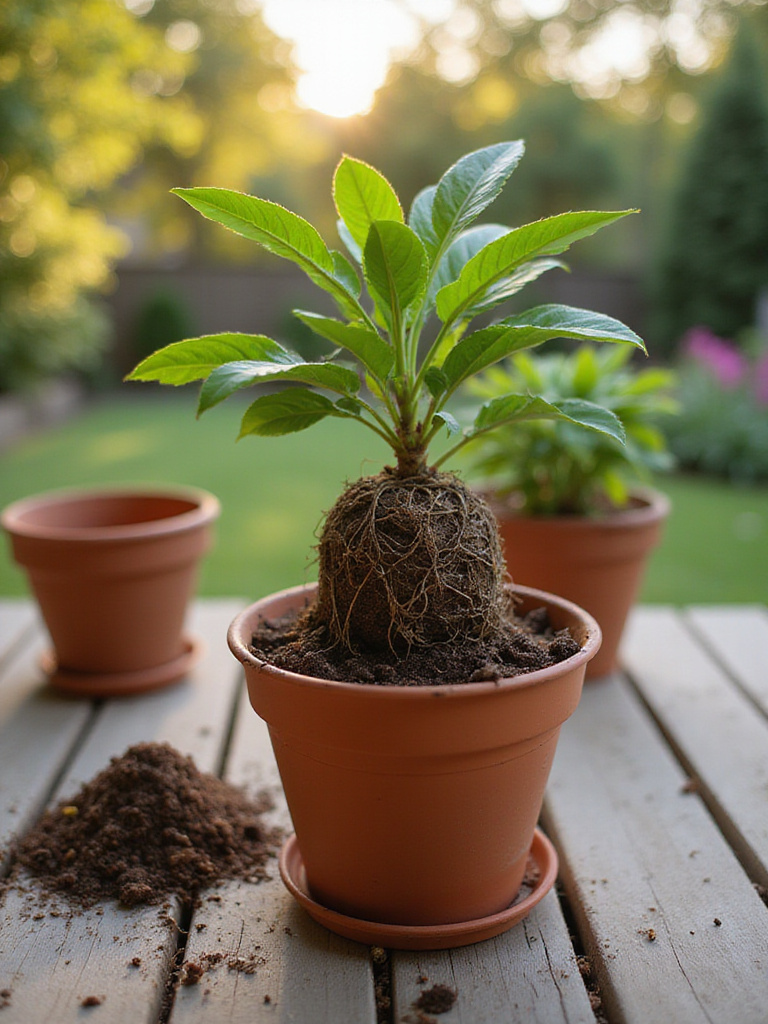 Portrait view of a patio plant with exposed root-bound mass in a pot on a wooden deck