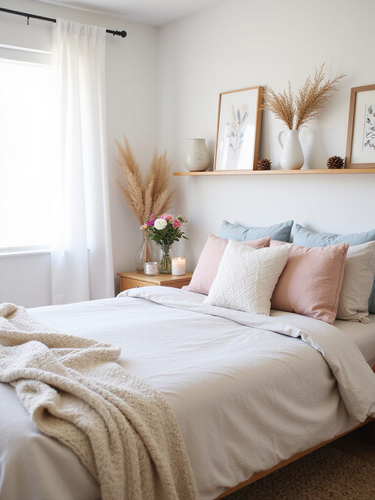 Portrait of a cozy bedroom setup with seasonal textiles and accents ready for a decor swap