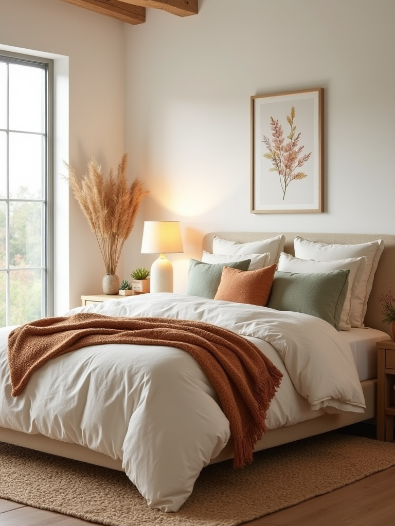 Portrait view of a seasonally refreshed bedroom
