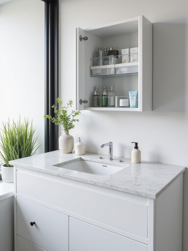 A sparkling clean and organized bathroom vanity with an open medicine cabinet revealing neatly arranged toiletries and empty space, demonstrating effective decluttering for a consistently tidy look.