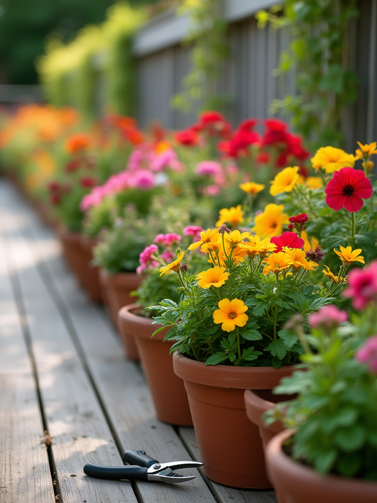 Portrait of a patio plant display with pruning elements and fresh blooms