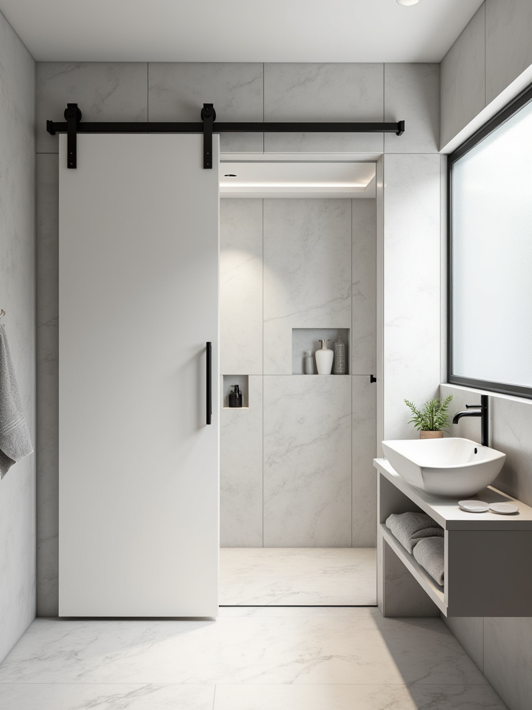 Portrait of a modern small bathroom featuring a space-saving sliding door
