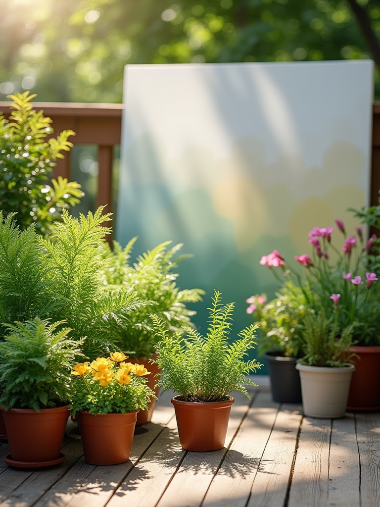 Portrait of a sunlit patio with lush potted plants and a color-gradient zone backdrop