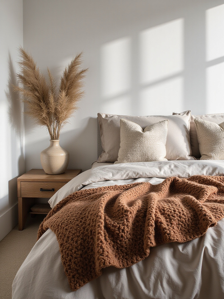 A modern bedroom corner featuring cozy fall/winter seasonal decor with a chunky knit throw, ceramic vase, and dried pampas grass, illustrating rotating accents.