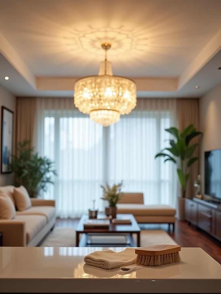 Close-up of a flawlessly installed, modern living room chandelier showcasing secure mounting and a clean finish, implying professional light fixture installation and ongoing maintenance.