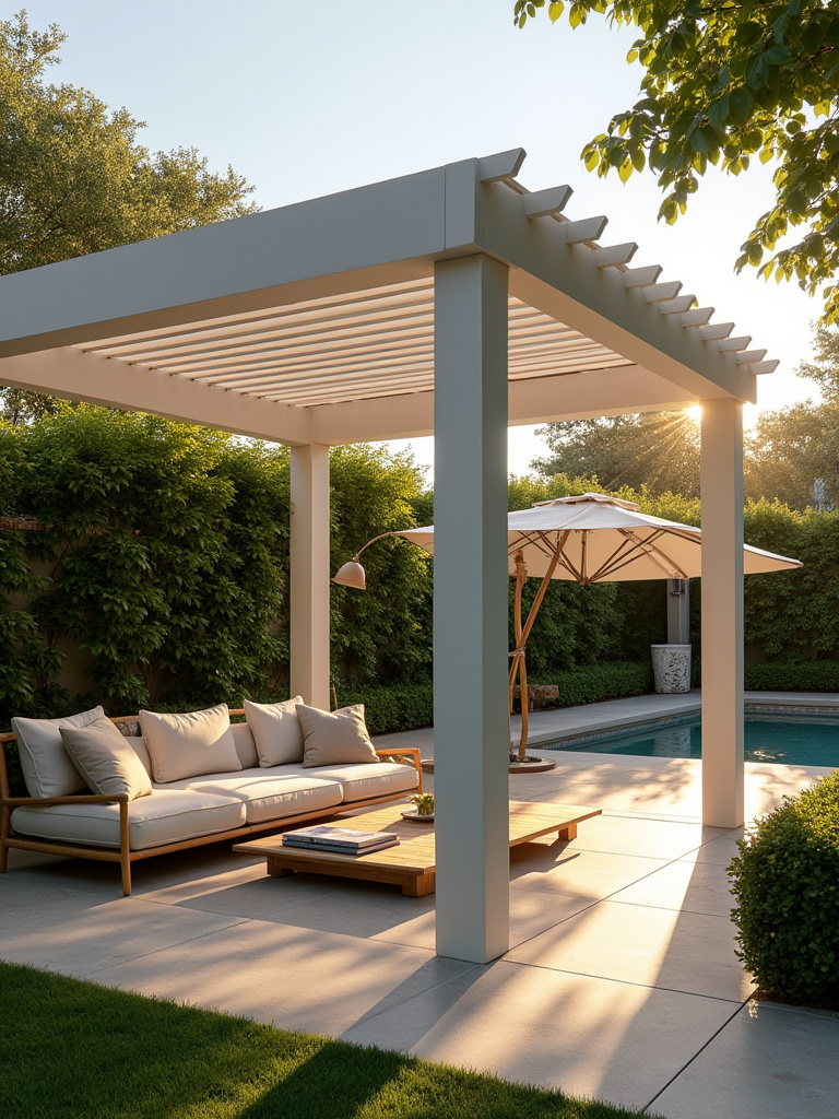 Stylish backyard patio featuring a modern pergola with louvered panels, creating dappled shade over a comfortable outdoor lounge area.