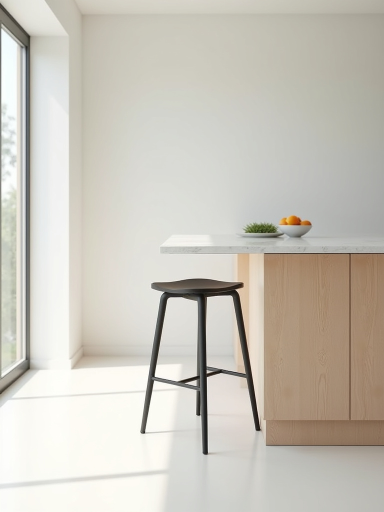 Portrait of a tucked-under bar stool under a modern kitchen island.