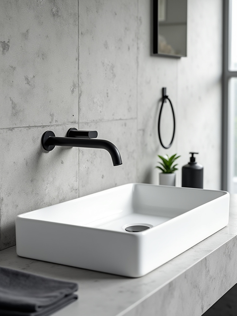 Modern bathroom with large-format grey concrete-look tiles, matte black wall-mounted fixtures, and coordinated accessories for cohesive design.