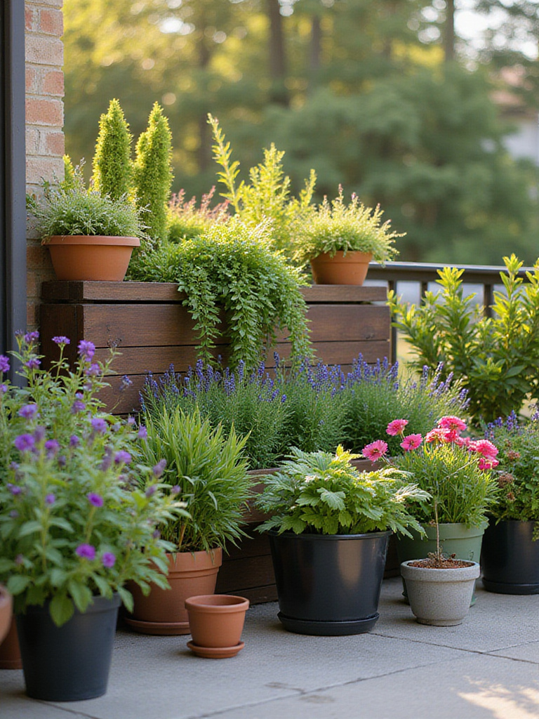 Portrait of container-friendly plant varieties arranged on a sunny patio