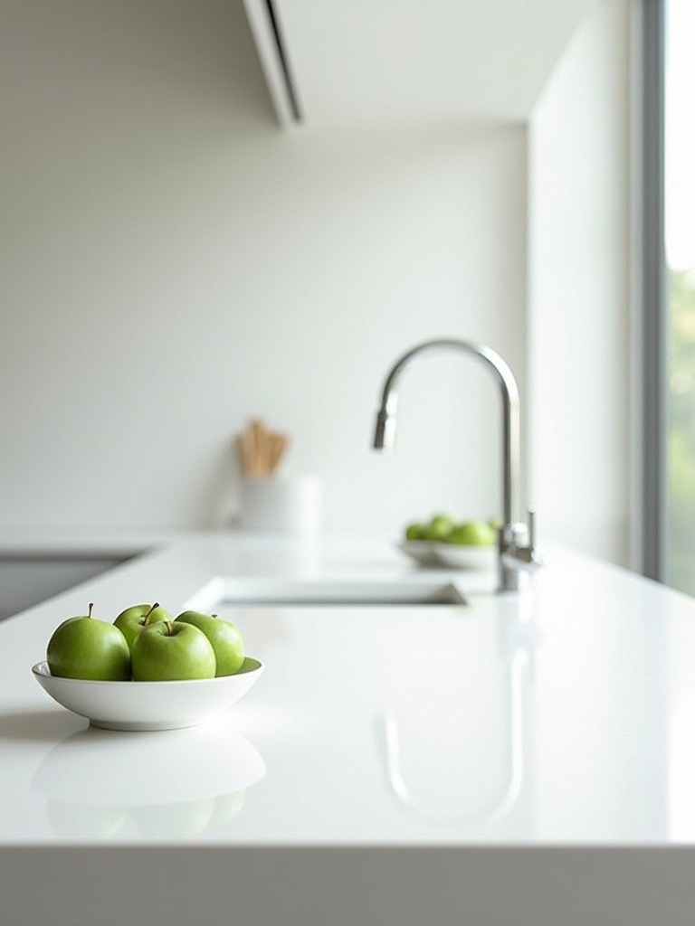 Close-up of a pristine, durable white engineered quartz kitchen countertop with a fruit bowl, symbolizing long-lasting beauty and practicality.