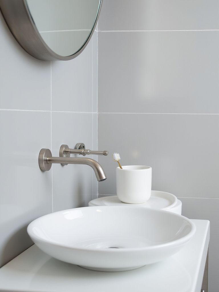 Modern bathroom countertop featuring a glossy white ceramic soap dispenser, toothbrush holder, and a brushed stainless steel towel bar, showcasing durable and moisture-resistant materials for hygiene and longevity.