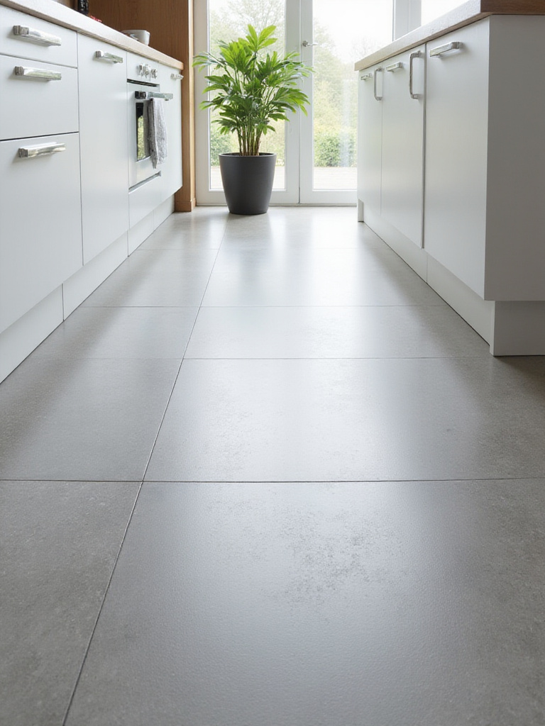 High-quality, durable, large format matte grey porcelain tile kitchen flooring in a modern kitchen setting, clean and elegant.