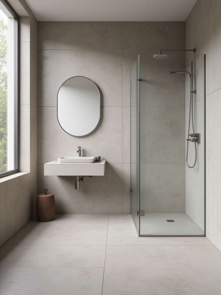 Portrait of a compact bathroom with large-format tiles and minimal grout lines