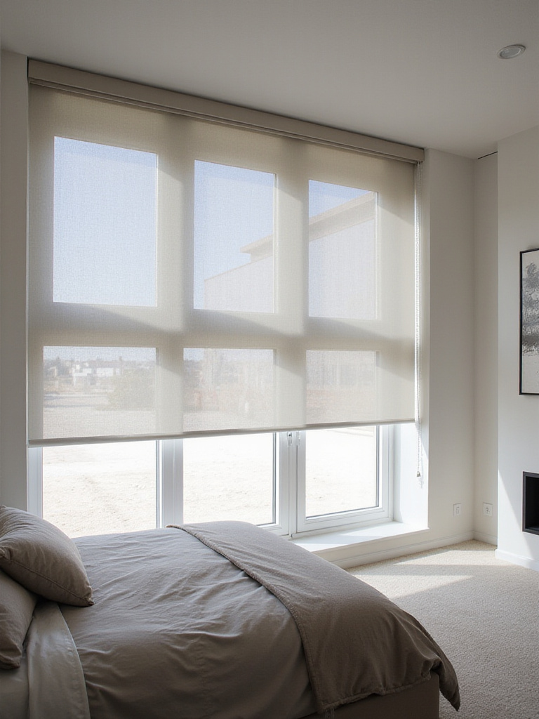 Modern bedroom with sleek white cordless roller blinds providing privacy and light control. Minimalist window treatments in a serene setting.