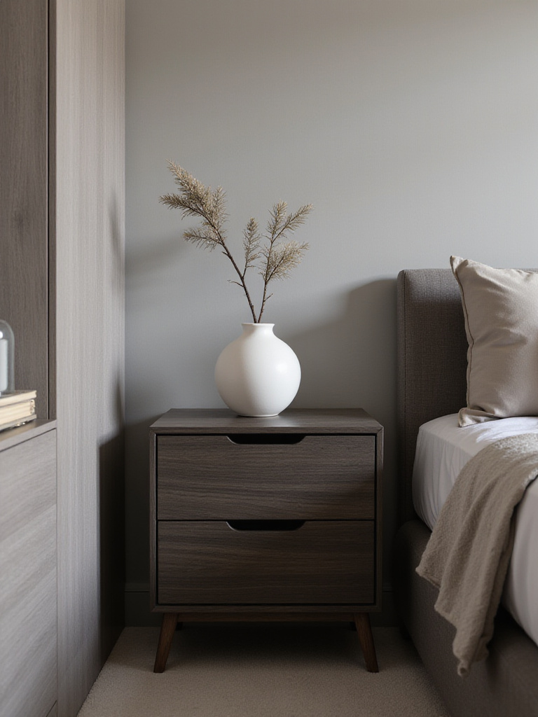 A stylish dark matte wood nightstand with integrated storage and clean lines in a modern bedroom, featuring a minimalist white vase. Sleek, contemporary bedroom decor.