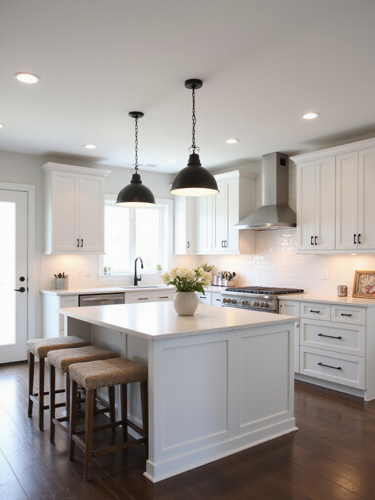 Modern farmhouse kitchen featuring a large island with two oversized black industrial pendant lights creating a bold focal point.