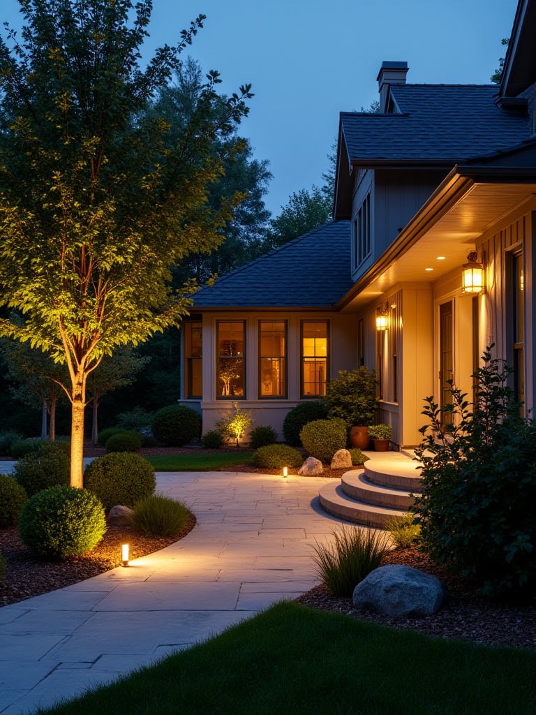Front yard lighting with curved path lights and tree uplight at dusk