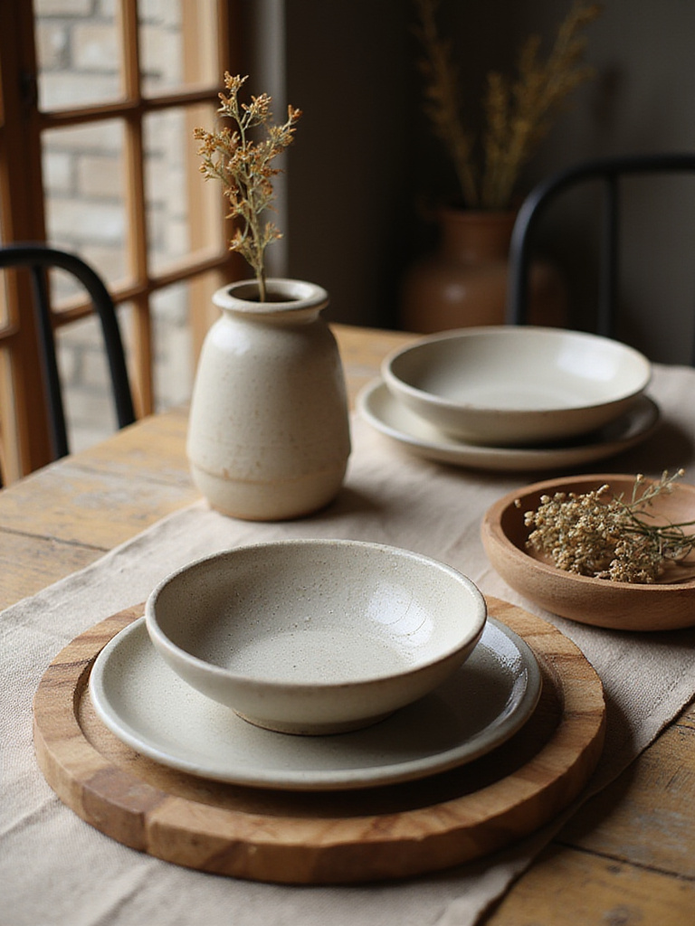 Portrait vertical view of a rustic dining table with artisanal handcrafted tabletop decor