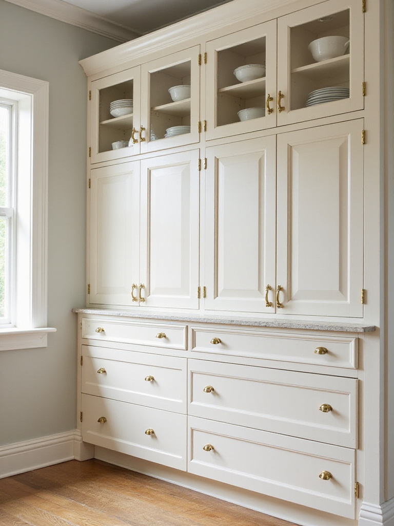 Traditional kitchen with timeless off-white Shaker cabinetry and brass hardware, showcasing classic door styles and finishes.