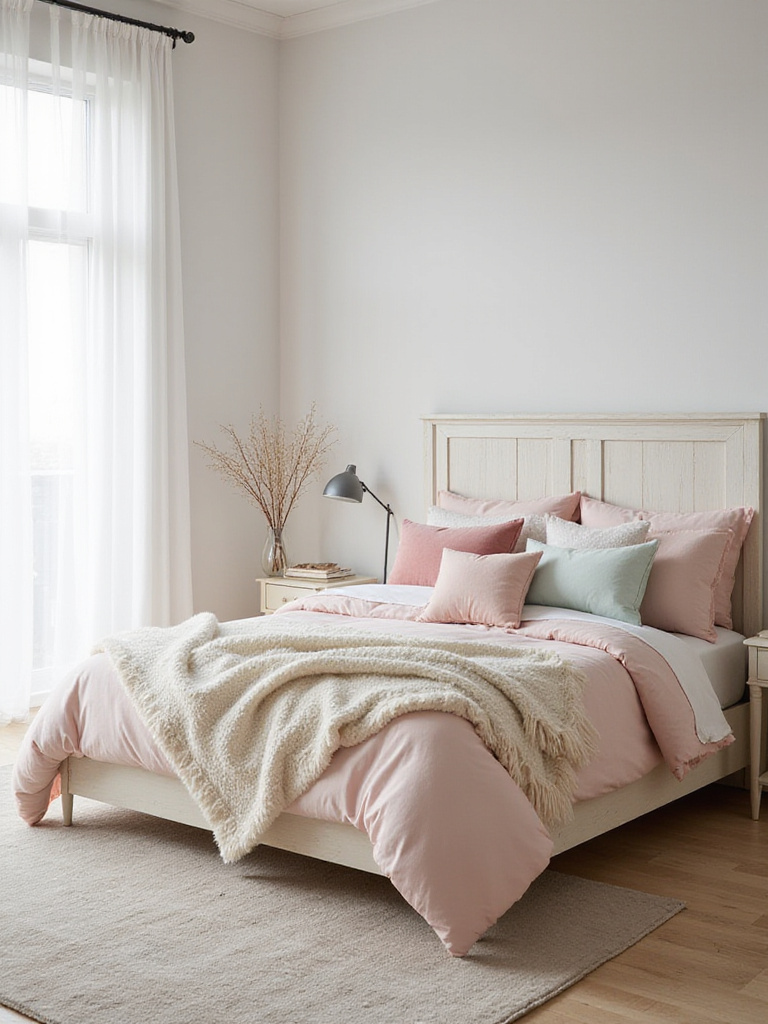 Bed with whimsical bedding and plush pillows in a pastel bedroom.