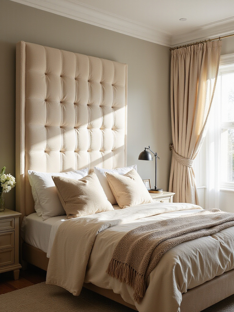 A plush, tall, velvet upholstered headboard in a warm cream color, extending wider than the bed in a serene and cozy bedroom. Soft, layered bedding, natural light. Interior design, comfort focus.