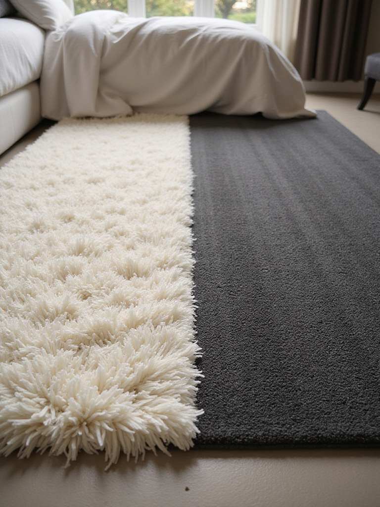 Luxurious, cream-colored high-pile shag rug next to a modern, sleek low-pile woven rug in a brightly lit, minimalist bedroom, showcasing different pile heights for comfort and ease of cleaning.