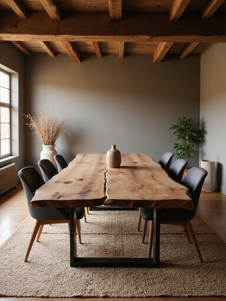Portrait shot of reclaimed wood dining table centerpiece in a rustic dining room