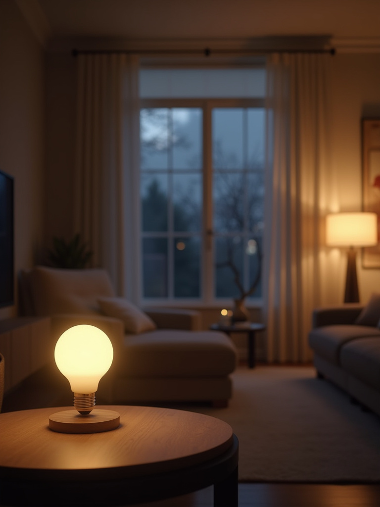 A living room interior displaying various light fixtures each with an optimally selected bulb type, showcasing different qualities of light for ambiance and function.