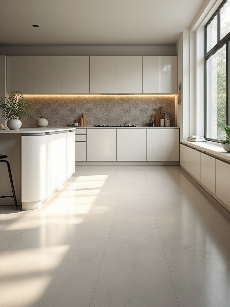 Modern kitchen featuring diverse ceramic tile applications including a patterned backsplash, sleek countertop, and matte floor tiles, showcasing durability and aesthetic versatility.