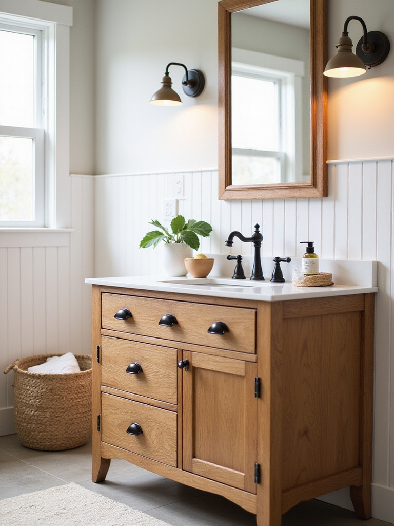 Portrait of a farmhouse vanity with cohesive hardware finishes (knobs, pulls, and brass/black faucet)