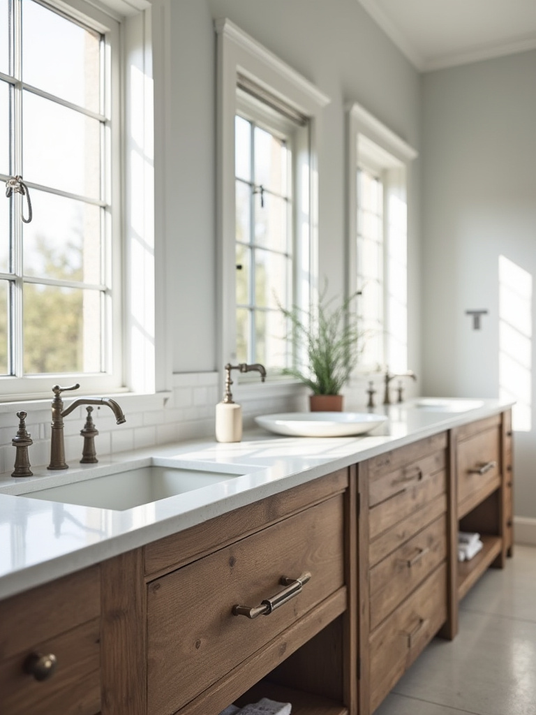 Portrait shot of a farmhouse vanity showing three sink options: undermount, drop-in, and vessel.