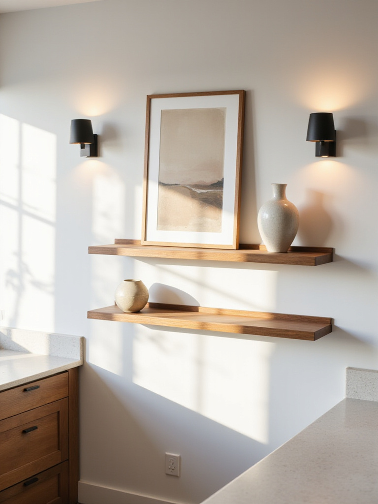 Portrait of a kitchen wall with curated decor pieces in warm neutrals