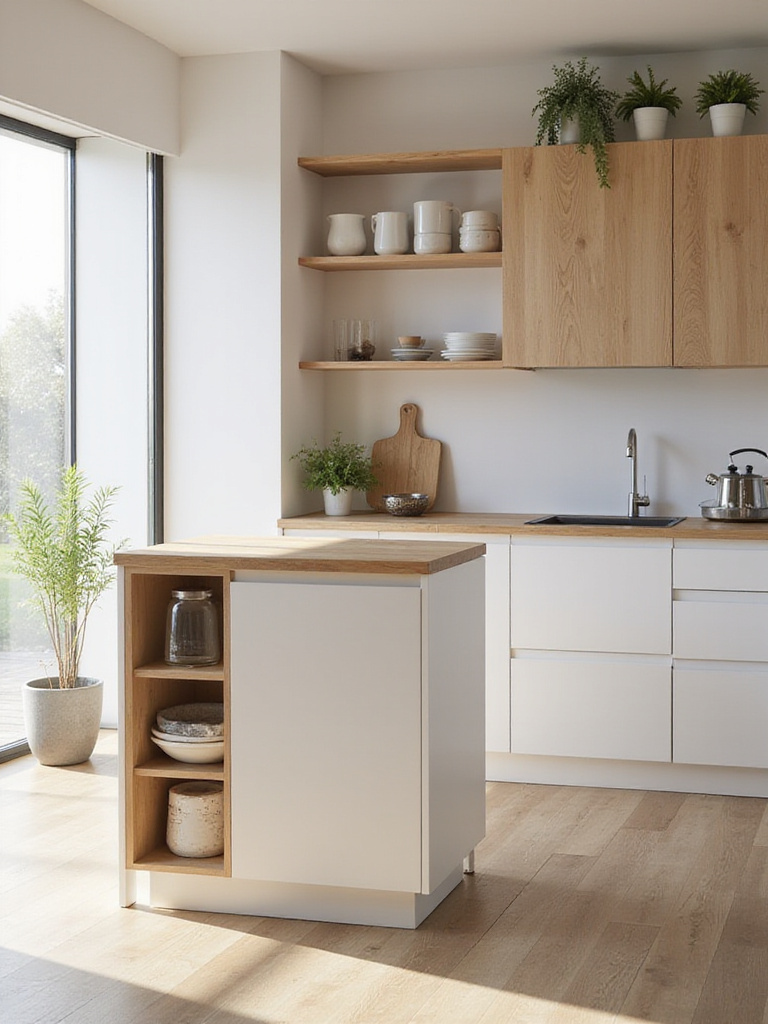 Portrait view of a modern small kitchen with a compact island and warm lighting