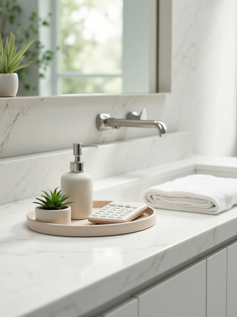 A beautifully organized bathroom vanity with carefully selected, high-quality ceramic soap dispenser, green succulent, and folded hand towel, representing thoughtful budget-guided accessory purchases.