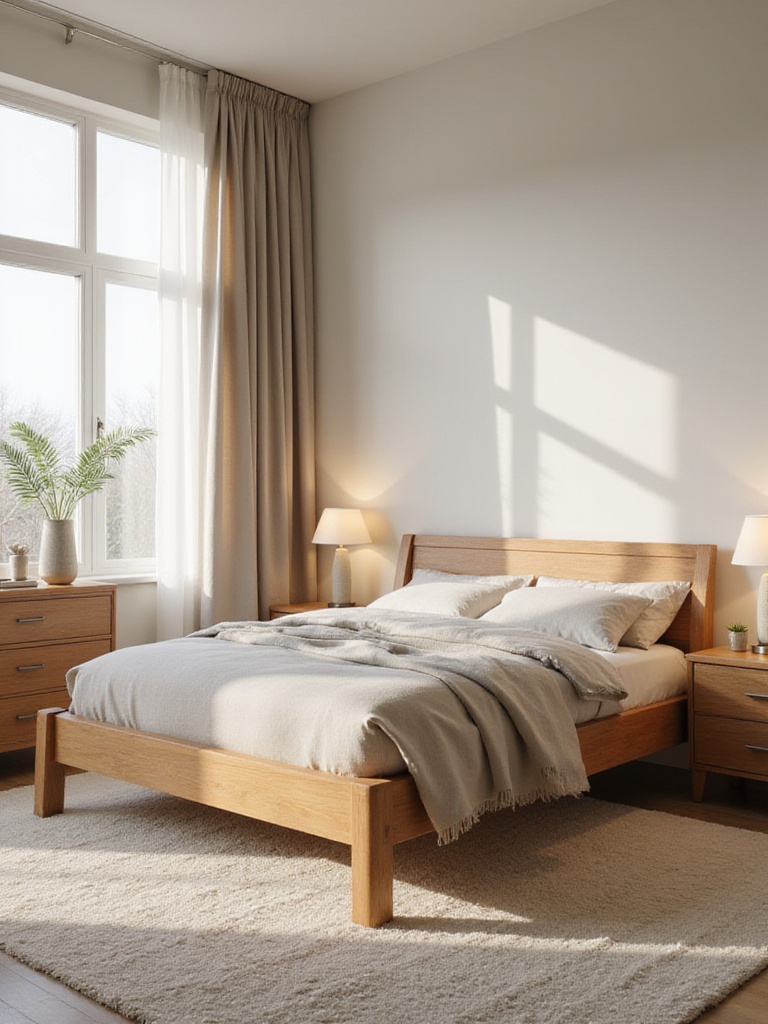Calm, organized bedroom with cohesive furniture and soft lighting