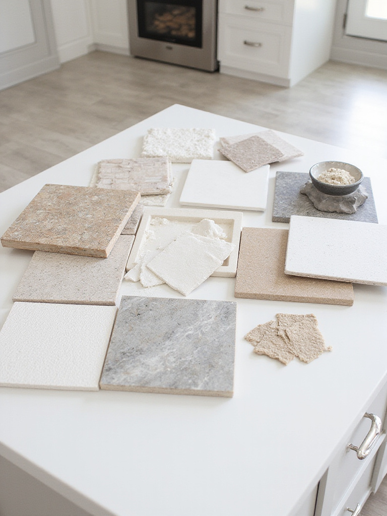 Organized kitchen tile samples, grout, and adhesive on a countertop, representing realistic budgeting for kitchen tile materials and installation costs.