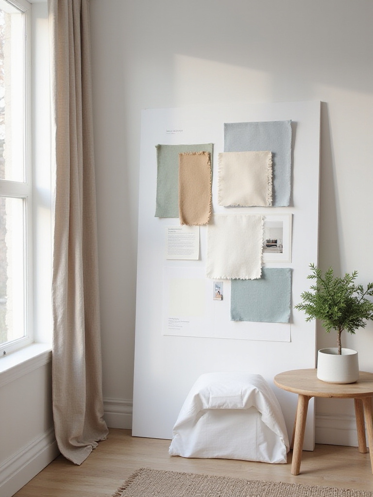 Aesthetic bedroom planning with mood board, fabric swatches, and color palettes for rug selection