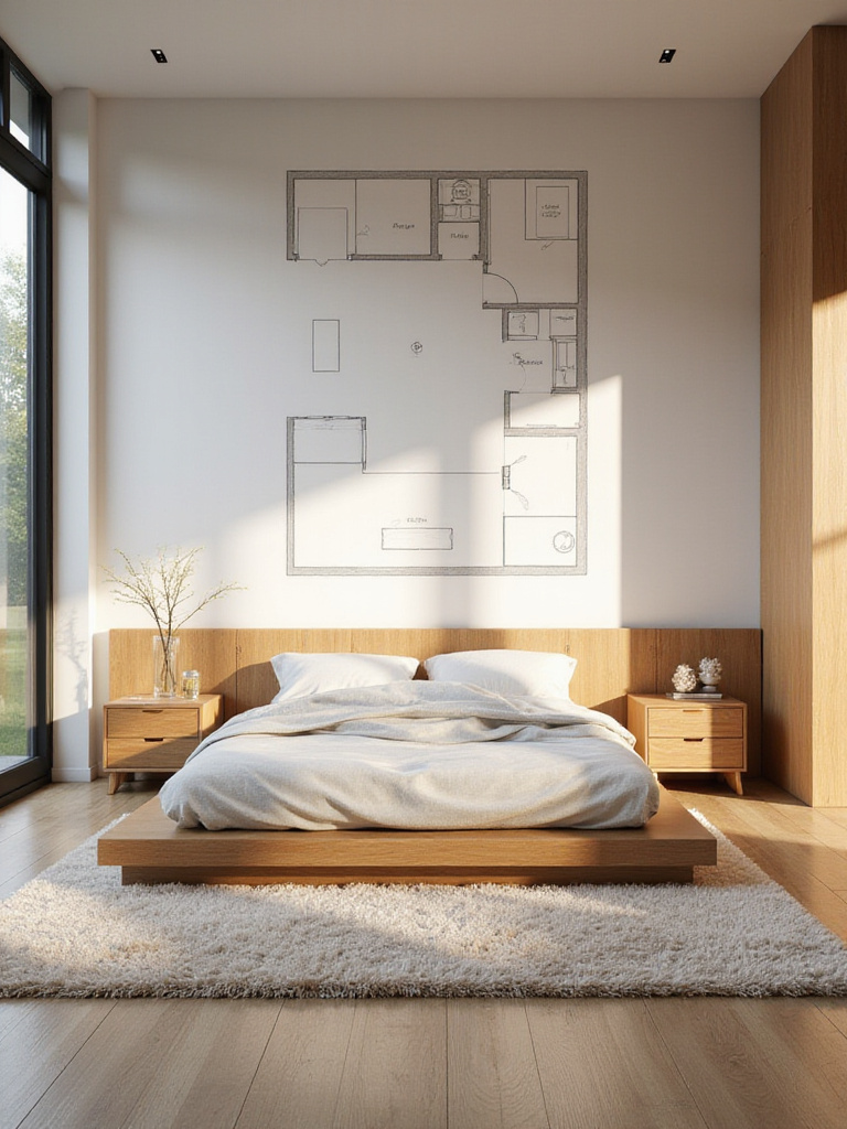 Bedroom with floor plan sketch on wall showing flow and functionality